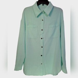 Women Button Down Long Sleeve Shirt V-Neck Wrinkle Top Mint Green Size Medium